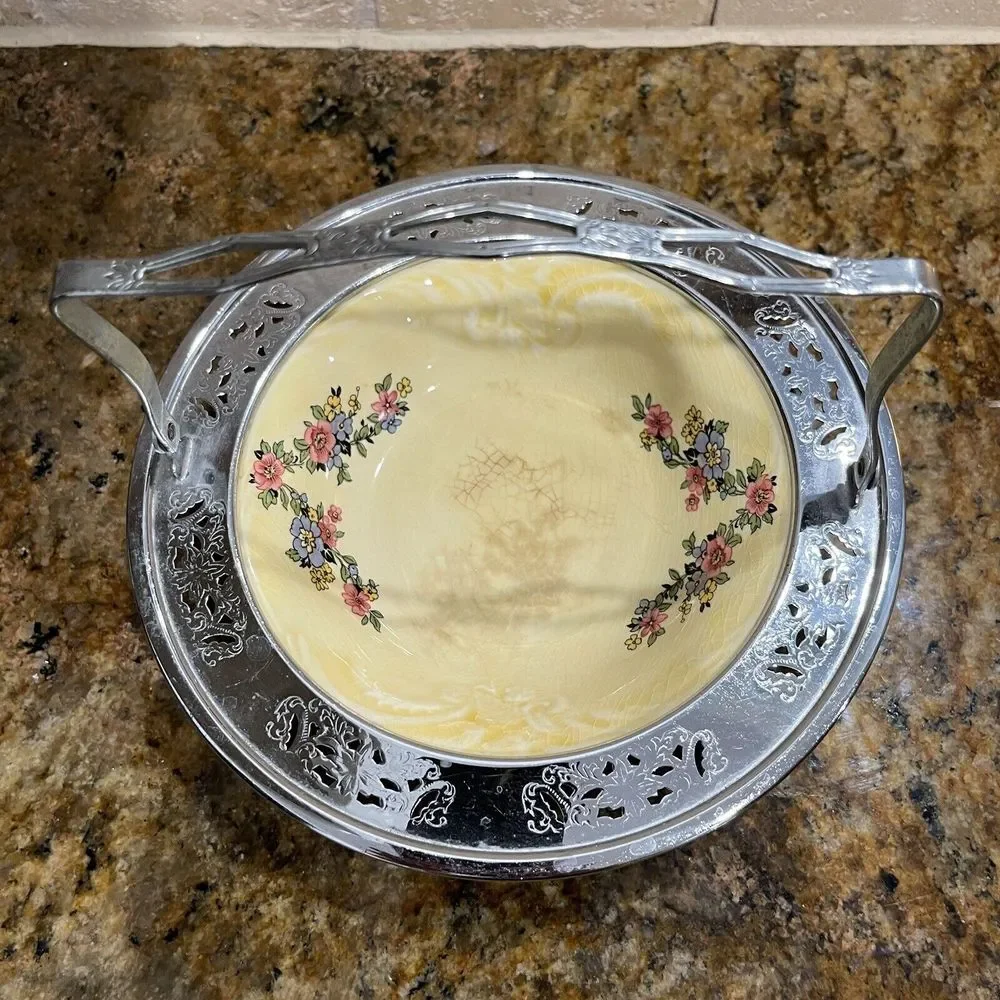 VTG‎ Sebring Pottery Gold Maize Bowl 6.5 Inch Farberware Metal Caddy Fold Handle